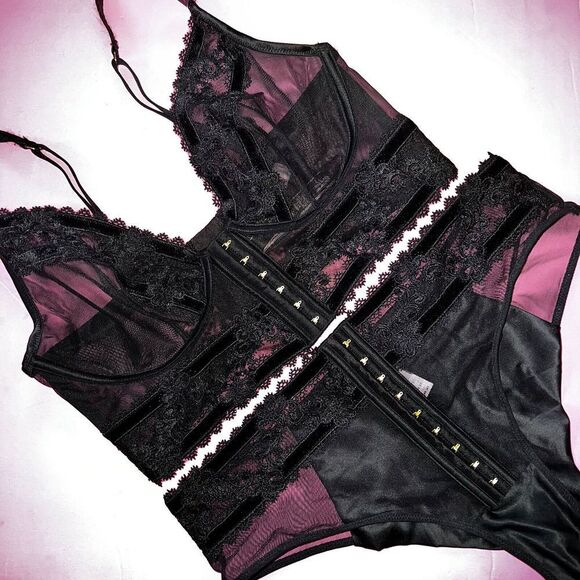 Victoria's Secret Longline L BRA BRALETTE SET M panty SATIN BLACK embroidered